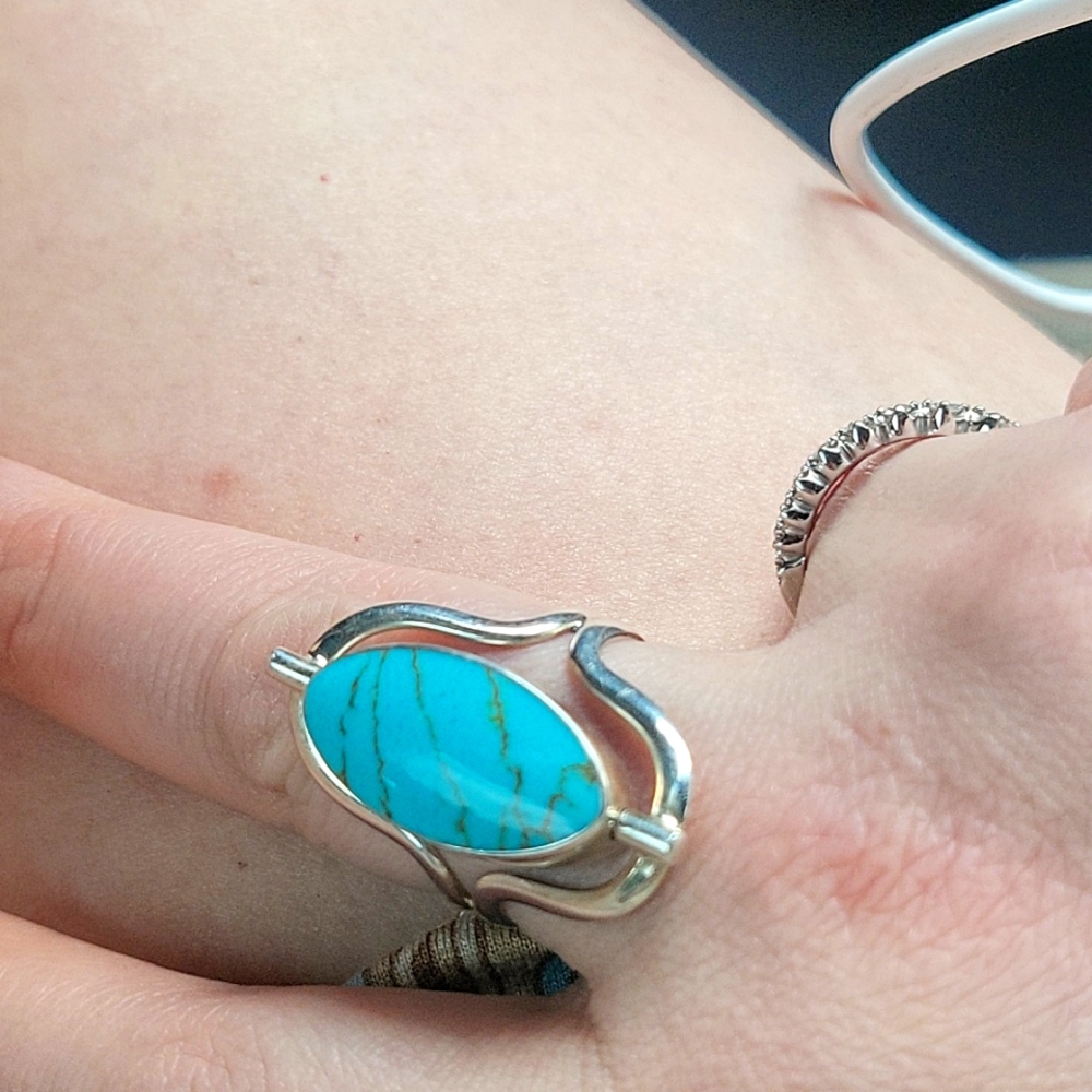 Sterling silver 925 sz 8 1/2 turquoise black onyx spin ring w/ a double row band